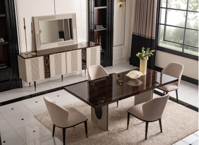 Dining nook Dining room Dining set Luxury dining table Chairs Beige wood Set 7-piece
